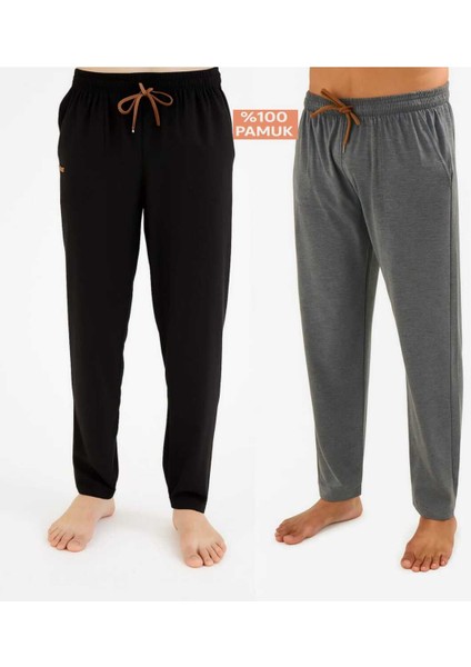 Erkek Pamuklu Antrasit-Siyah 2'li Tek Alt Pijama - Mevsimlik Pijama Altı