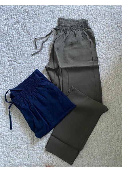 Modal Hafif , Yumuşak , Ipeksi Dokulu Lacivert & Haki Rengi 2'li Erkek Pantolon Pijama Altı