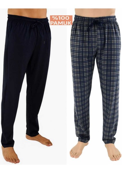 Erkek Pamuklu Antrasit Ekose & Lacivert 2'li Tek Alt Pijama - Mevsimlik Pijama Altı