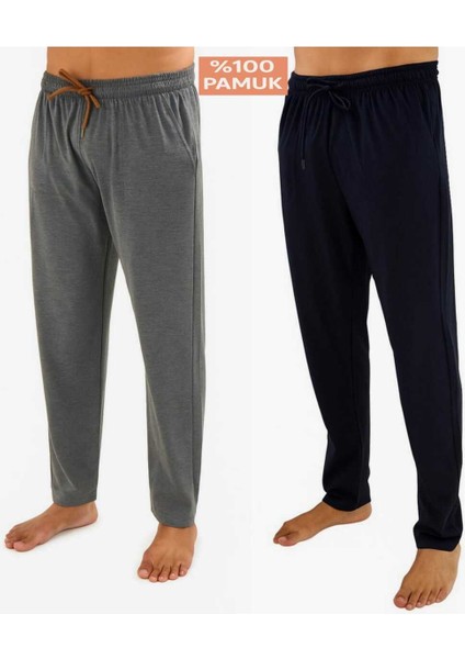 Erkek Pamuklu Lacivert & Antarsit 2'li Tek Alt Pijama - Mevsimlik Pijama Altı