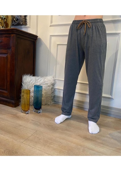 Erkek Antrasit Düz Paça Penye %100 Pamuklu Standart Fit Pijama Altı Normal Kesim Beli Lastikli Cepli