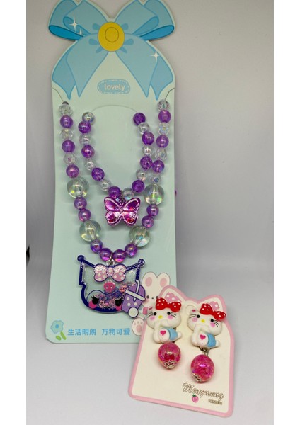 Kuromi ve Hello Kitty Figürlü Arkası Sıkıştırmalı Küpe ve Bijuteri Kız Çocuk Kolye Bileklik Seti