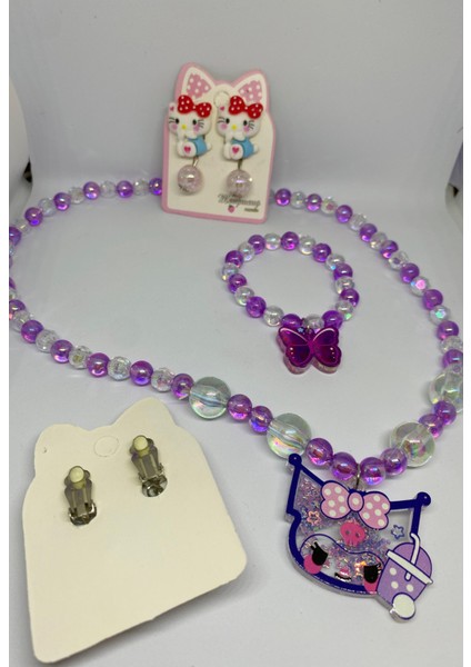 Kuromi ve Hello Kitty Figürlü Arkası Sıkıştırmalı Küpe ve Bijuteri Kız Çocuk Kolye Bileklik Seti fiyatları