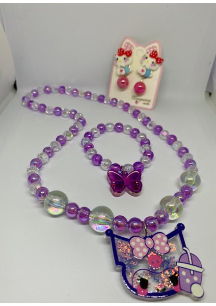 Kuromi ve Hello Kitty Figürlü Arkası Sıkıştırmalı Küpe ve Bijuteri Kız Çocuk Kolye Bileklik Seti modelleri