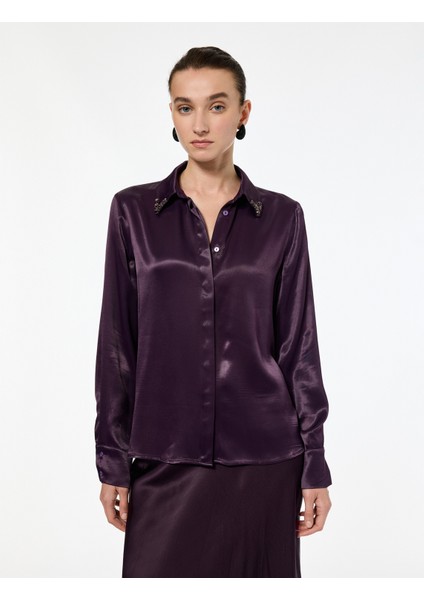 Uzun Kollu Düğmeli Klasik Yaka Taş Detaylı Viskon Saten Gömlek modelleri