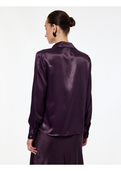 Uzun Kollu Düğmeli Klasik Yaka Taş Detaylı Viskon Saten Gömlek fırsatları