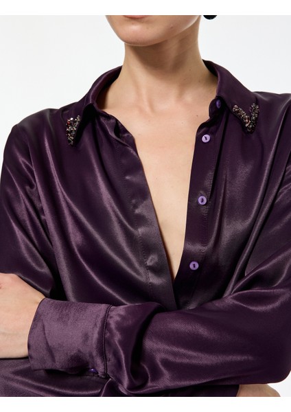 Uzun Kollu Düğmeli Klasik Yaka Taş Detaylı Viskon Saten Gömlek indirimleri