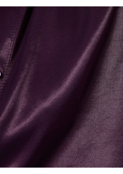 Uzun Kollu Düğmeli Klasik Yaka Taş Detaylı Viskon Saten Gömlek