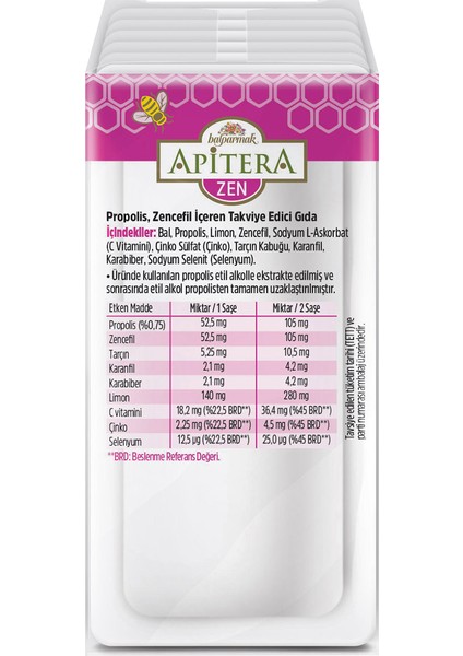 Apitera ZEN Doğal Bal, C Vitamini, Çinko, Selenyum, Zencefil, Tarçın, Karanfil, Karabiber, Limon ve Propolis İçeren Takviye Edici 7’li Saşe modelleri