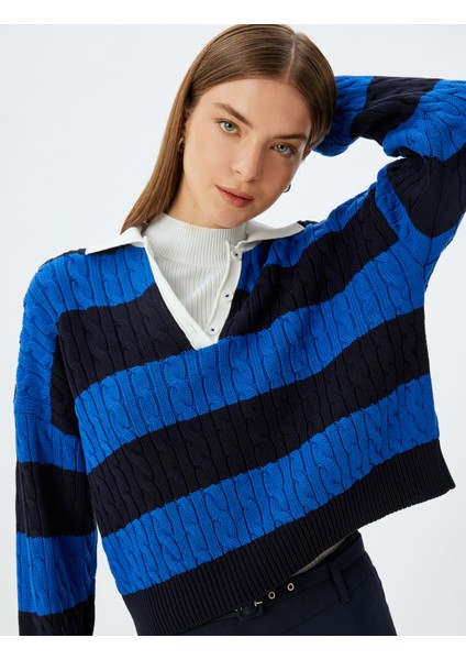 Polo Yaka Triko Kazak Saç Örgü Dokulu Düğmeli Renk Kontrastlı