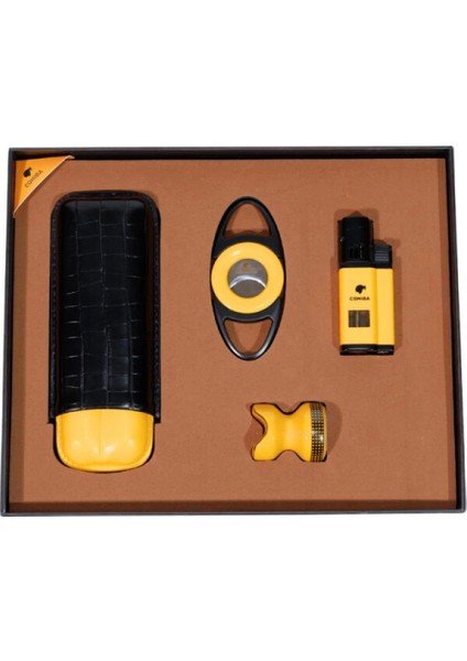 Çakmak Kesici Küllük Sehpa Dörtlü Sarı – Siyah Puro Seti CST0266