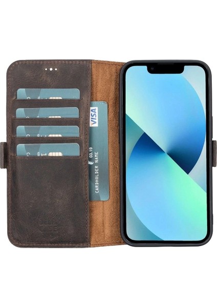 Buğz Apple iPhone 13 Uyumlu Deri Cüzdanlı Kılıf Acı Kahve