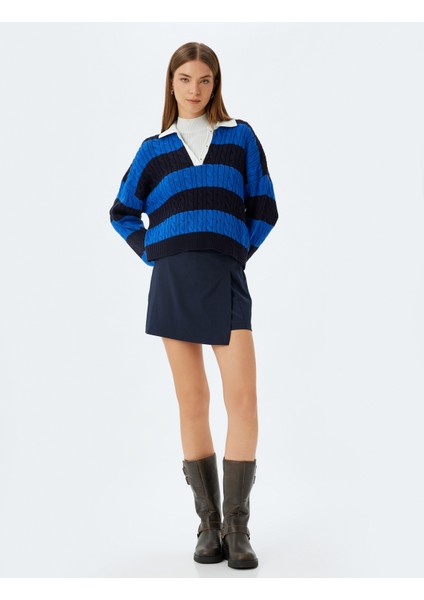 Polo Yaka Triko Kazak Saç Örgü Dokulu Düğmeli Renk Kontrastlı fiyatları