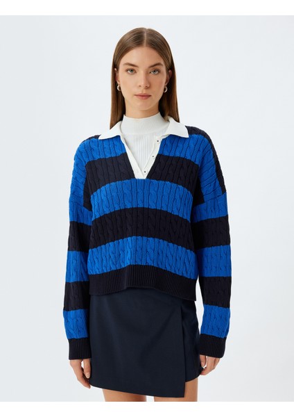 Polo Yaka Triko Kazak Saç Örgü Dokulu Düğmeli Renk Kontrastlı modelleri