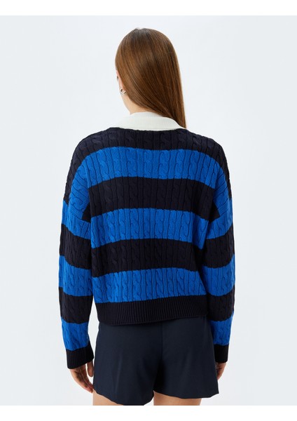 Polo Yaka Triko Kazak Saç Örgü Dokulu Düğmeli Renk Kontrastlı fırsatları