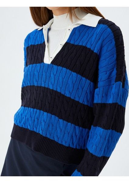 Polo Yaka Triko Kazak Saç Örgü Dokulu Düğmeli Renk Kontrastlı indirimleri