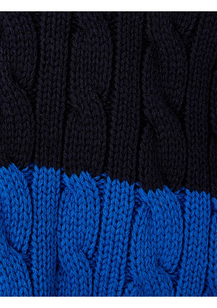 Polo Yaka Triko Kazak Saç Örgü Dokulu Düğmeli Renk Kontrastlı