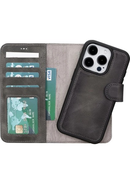 Buğz Apple iPhone 15 Pro Uyumlu Deri Cüzdanlı Kılıf Mwwn VS4EF Gri