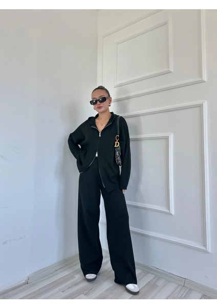 Kadın Fermuarlı Pantolon Triko Takım Siyah