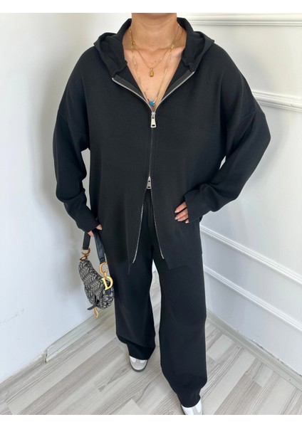 Kadın Fermuarlı Pantolon Triko Takım Siyah modelleri