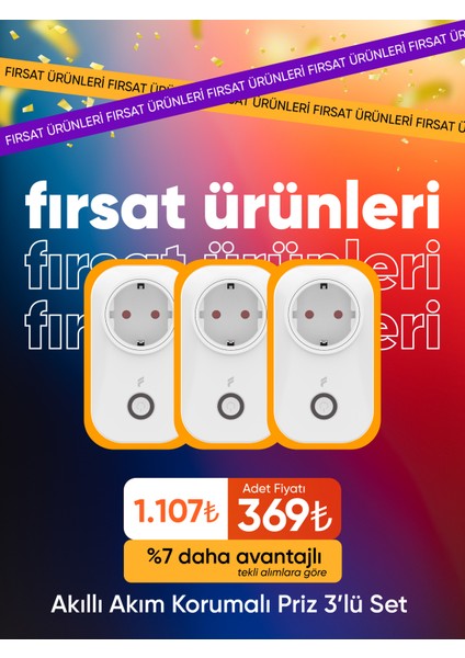 Akıllı Akım Korumalı Priz 3'lü Set (16 Amper), Wifi, Uzaktan Kontrol, Enerji Tüketim Takibi