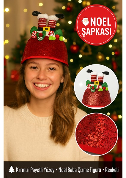 Kırmızı Payetli Noel Şapkası – Çizme Figürlü, Ponpon ve Fiyonk Detaylı Her Yaşa Uygun Parti Aksesuarı