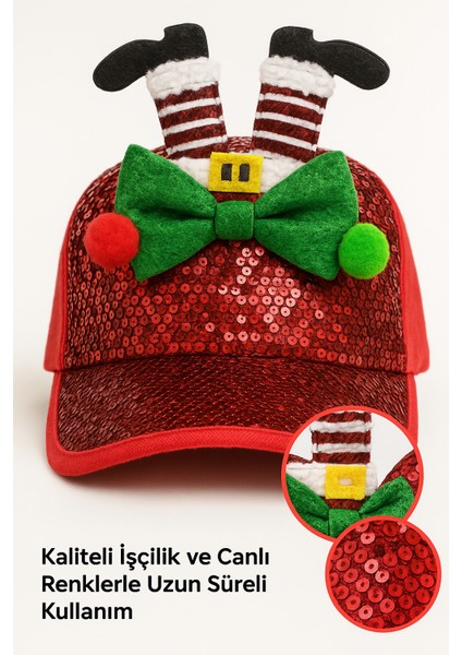 Kırmızı Payetli Noel Şapkası – Çizme Figürlü, Ponpon ve Fiyonk Detaylı Her Yaşa Uygun Parti Aksesuarı modelleri