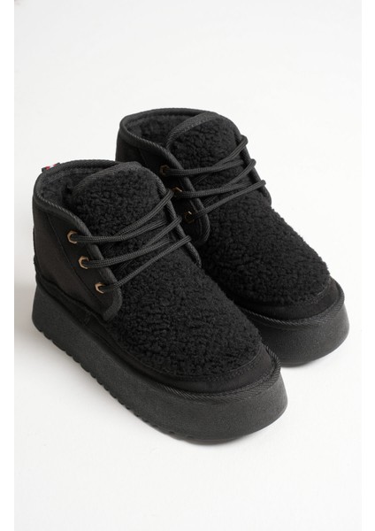 Loana Premium Kadın Kürklü Siyah Kışlık Kalın Taban Spor Bot