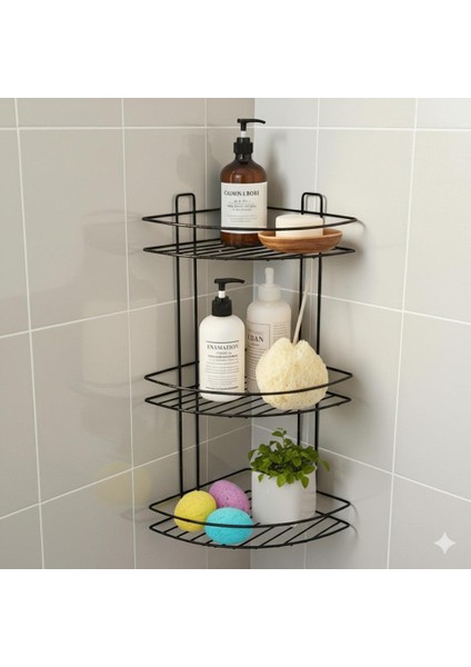 3 Katlı Köşe Şampuanlık Duş Rafı Siyah Vidalı Metal Banyo Organizeri Paslanmaz Şampuan Sabunluk