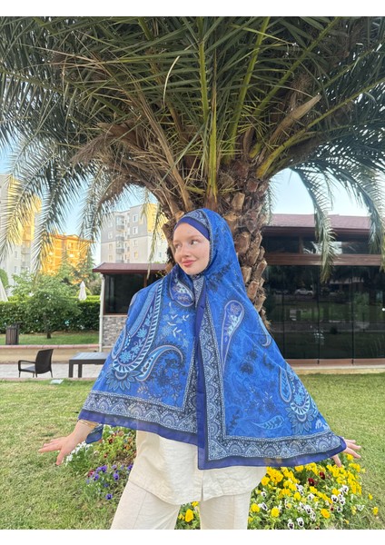 Modal Soft Serisi Etnik Desen Şal Saks Mavisi