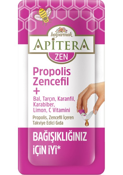 Apitera ZEN Doğal Bal, C Vitamini, Çinko, Selenyum, Zencefil, Tarçın, Karanfil, Karabiber, Limon ve Propolis İçeren Takviye Edici 56'lı Saşe indirimleri