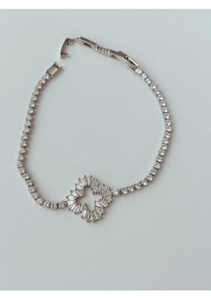 Büyük Taşlı Yaprak Detaylı Silver Bileklik