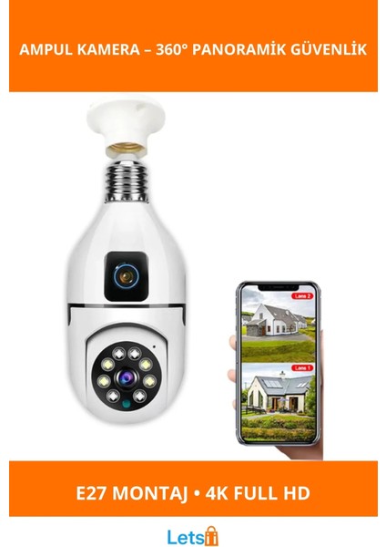 Çift Lensli Duy Girişli Kablosuz Ampul Kamera 4K Full Hd