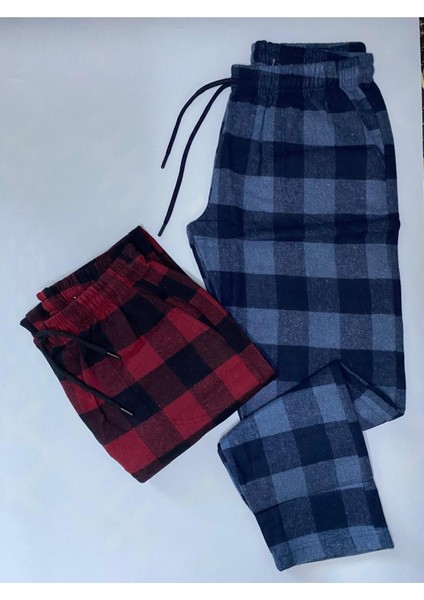 Erkek 2'li Kışlık Ekose Desenli Pazen Pamuklu Pijama Altı