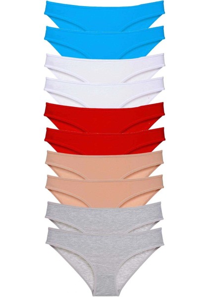 10 Adet Süper Eko Set Likralı Kadın Slip Kırmızı Ten Gri Beyaz Mavi
