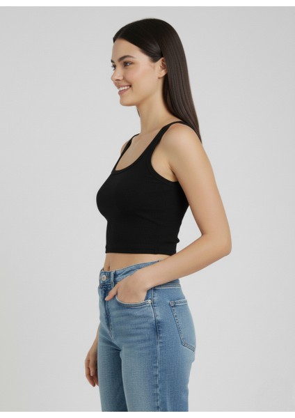 Pamuklu Kalın Askılı Fitilli Crop 3'lü Paket Siyah Beyaz Gri