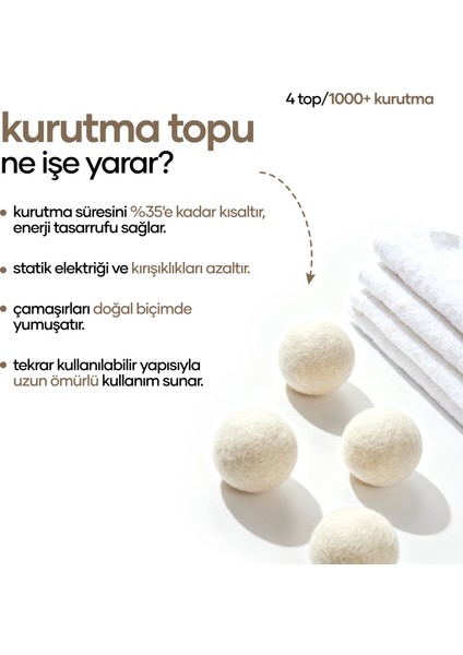 Doğal Yün Kurutma Topu | 4 adet - Çamaşırda Yumuşatma + Hızlı Kurutma + Enerji Tasarrufu modelleri