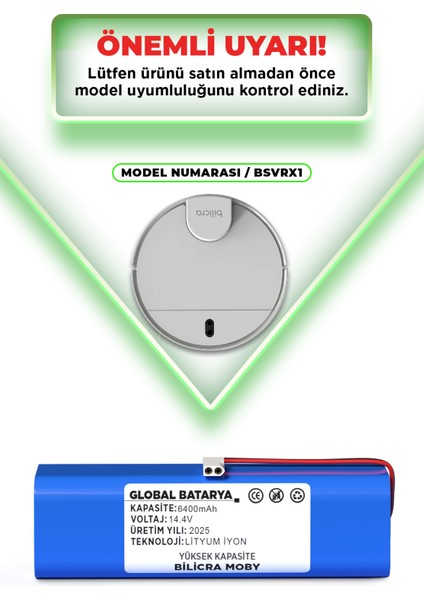 Bilicra Moby Uyumlu Robot Süpürge Batarya 14.4V 6400MAH Li-Ion Pil (Yüksek Kapasite) indirimleri