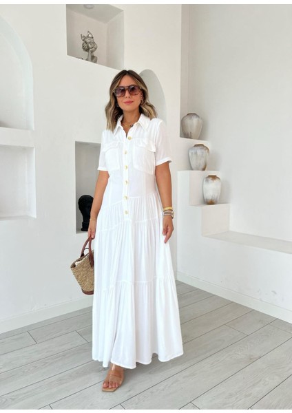 Kadın Dokuma Kumaş Cep Detaylı Maxi Boy Gömlek Elbise