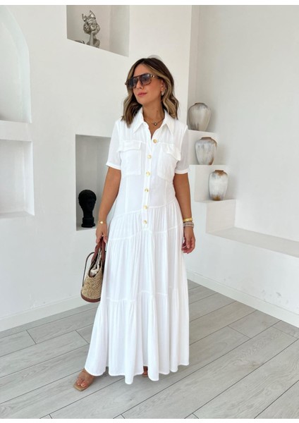 Kadın Dokuma Kumaş Cep Detaylı Maxi Boy Gömlek Elbise fiyatları