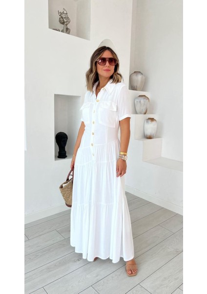 Kadın Dokuma Kumaş Cep Detaylı Maxi Boy Gömlek Elbise modelleri