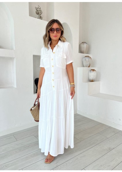 Kadın Dokuma Kumaş Cep Detaylı Maxi Boy Gömlek Elbise fırsatları