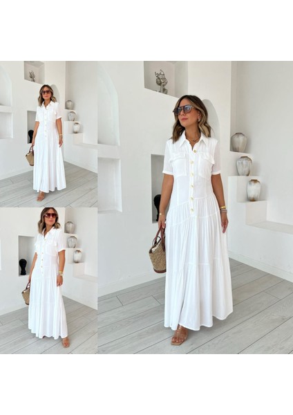 Kadın Dokuma Kumaş Cep Detaylı Maxi Boy Gömlek Elbise indirimleri