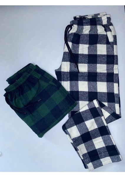 Erkek 2'li Kışlık Ekose Desenli Pazen Pamuklu Pijama Altı