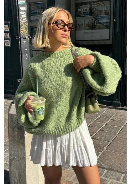 Yeşil Balon Kol Oversize Kadın Triko Kazak MG2604