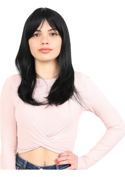 Düz Perçemli Orta Boy Fiber Sentetik Peruk / Siyah