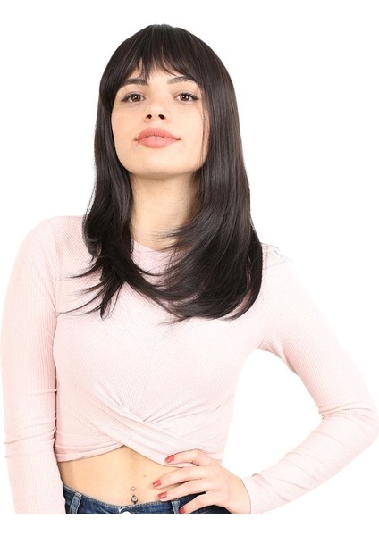 Düz Perçemli Orta Boy Fiber Sentetik Peruk / Kahverengi