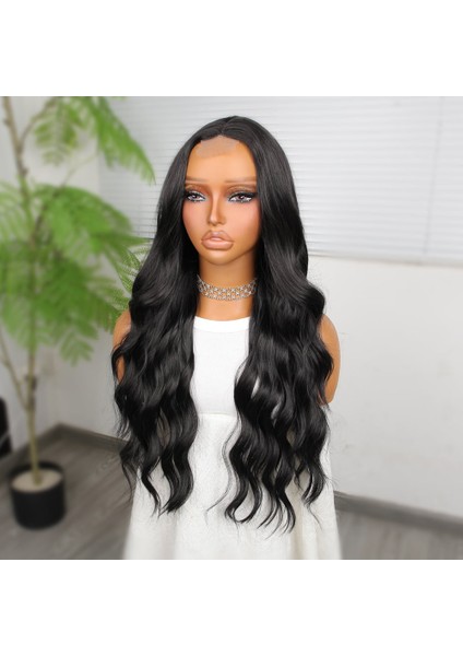 Koyu Siyah Su Dalgalı Fiber Sentetik Tül Peruk indirimleri