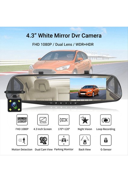Dashcam Beyaz Aynalı Dvr 4.3 Inç Dash Kamera Fhd 1080P Otomatik Kayıt Destekli Arka Görüş Kamerası Video Kaydedici (Yurt Dışından) fırsatları