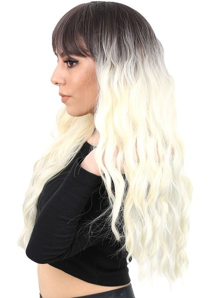 Perçemli Uzun Su Dalgası Fiber Sentetik Peruk / Küllü Siyah / Platin Ombreli modelleri